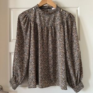 Loft Navy Floral Mock Neck Blouse with Gold Button Accent Size Small Petite